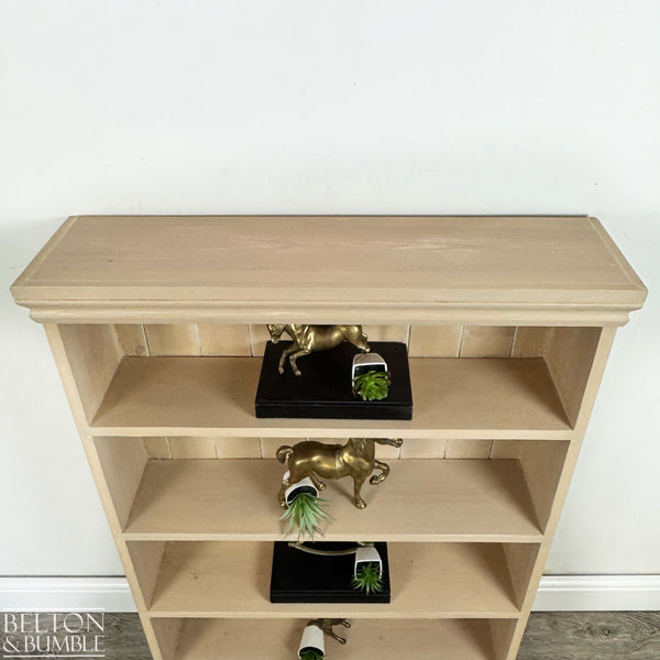 Solid Pine Bookcase, Paint Wash in Taupe — Top edge and corner detail showing smoothed contours and clean lines