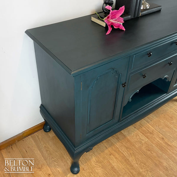 Solid Wood Carved Blue Drinks Cabinet Sideboard – angled view showing proportions and stance