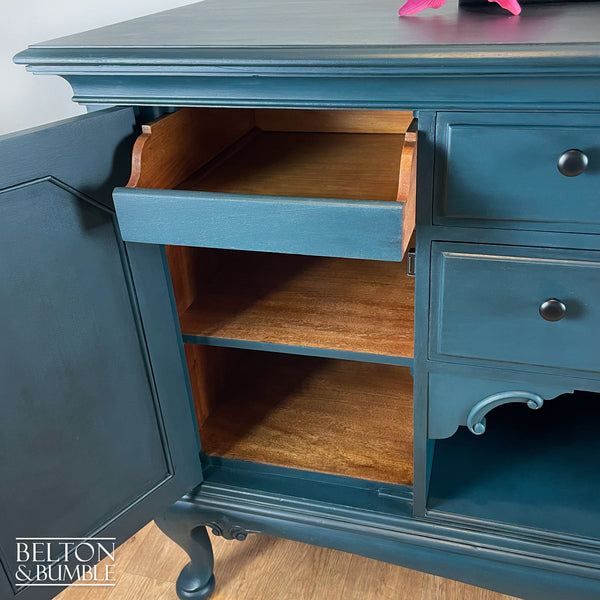 Solid Wood Carved Blue Drinks Cabinet Sideboard - Close-up of interior wood with blue finish