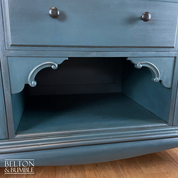 Solid Wood Carved Blue Drinks Cabinet Sideboard - Close-up of shelving with blue finish