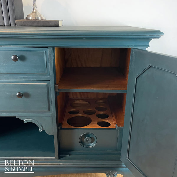 Solid Wood Carved Blue Drinks Cabinet Sideboard - Restored vintage piece with wood and blue accents and shelving,, display storage