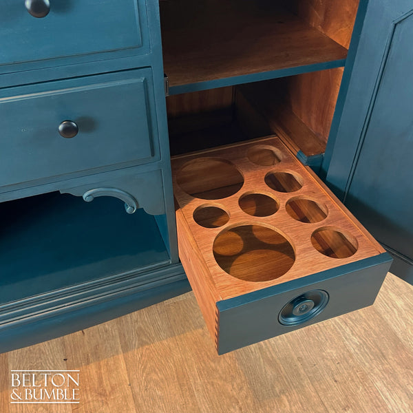 Solid Wood Carved Blue Drinks Cabinet Sideboard - Open drawer showing bottle storage and clean interior