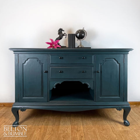 Solid Wood Carved Blue Drinks Cabinet Sideboard - Styled product shot with complementary decor to suggest scale
