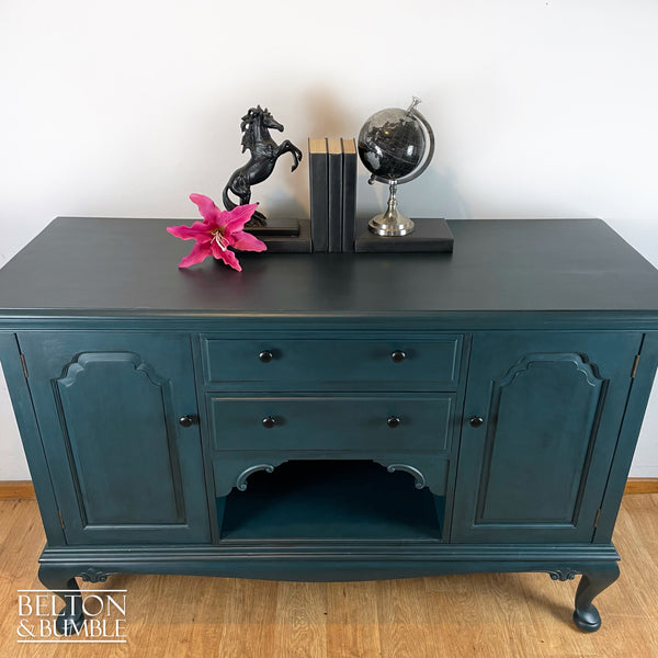 Solid Wood Carved Blue Drinks Cabinet Sideboard - Top surface detail showing smooth, satin finish and edge profile