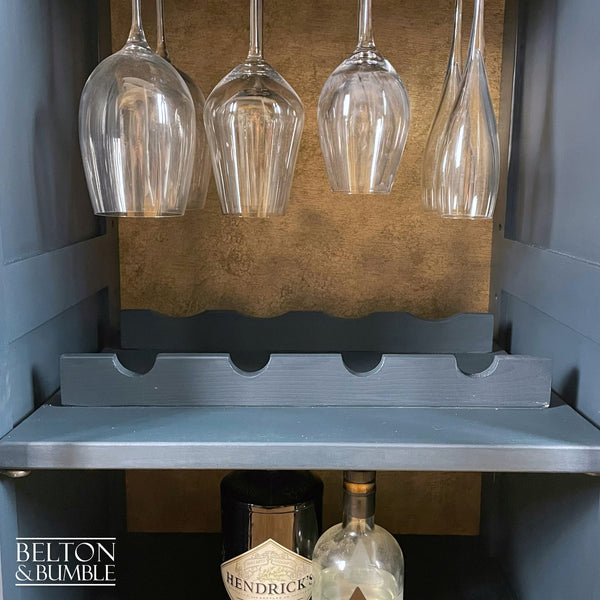Solid Wood Carved Navy and Gold Cocktail Drinks Cabinet – Close-up of hardware: wine bottle rack, display storage