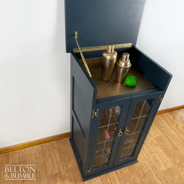 Solid Wood Carved Navy and Gold Cocktail Drinks Cabinet – Restored vintage piece with wood and navy, gold accents and shelving, glass door, display storage