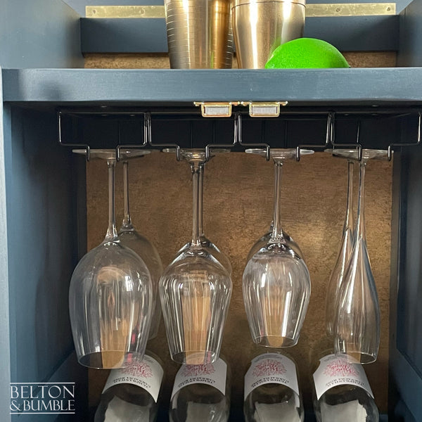 Solid Wood Carved Navy and Gold Cocktail Drinks Cabinet – Close-up of hardware: wine glass rack, display storage