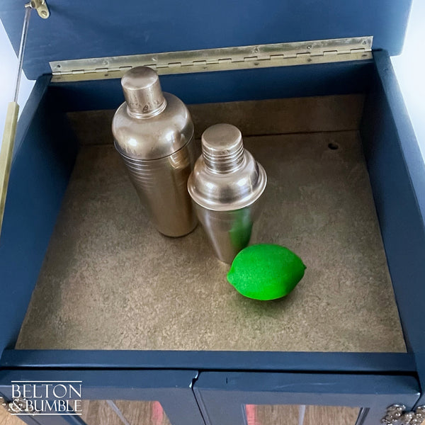 Solid Wood Carved Navy and Gold Cocktail Drinks Cabinet – Open lid showing gold shelf