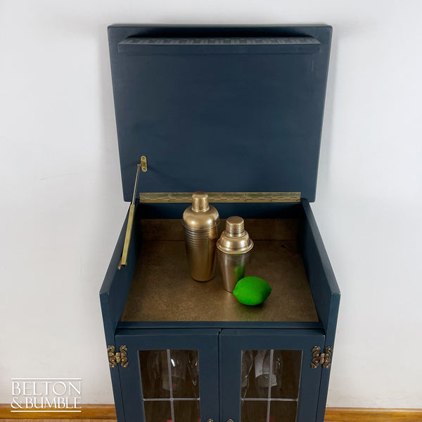 Solid Wood Carved Navy and Gold Cocktail Drinks Cabinet – Top surface detail showing smooth, satin finish and edge profile