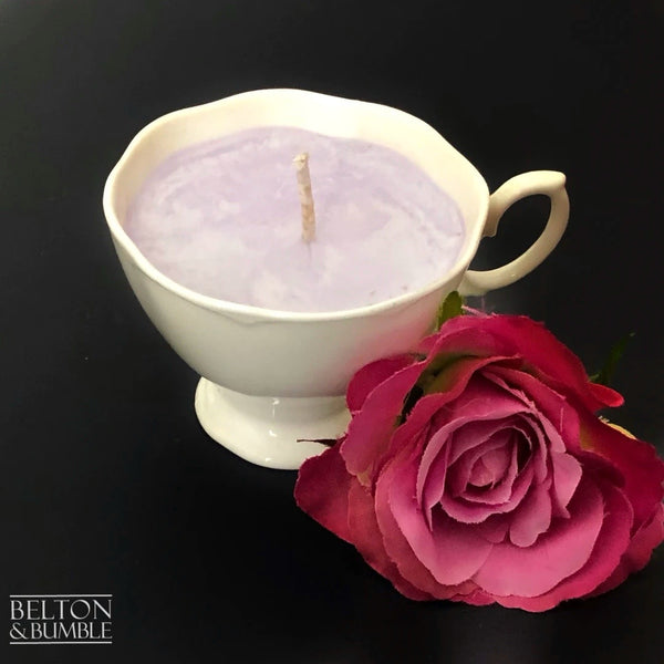 Soy Wax Petite Teacup with Black Cherry Scent - Elegant soy wax candle in a vintage-style teacup, scented with black cherry and styled with a vibrant pink rose.