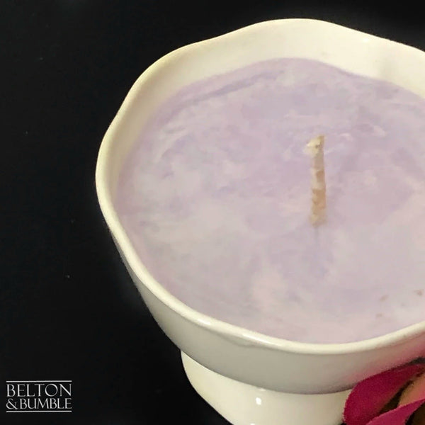Soy Wax Petite Teacup with Black Cherry Scent - Close-up detail of a hand-poured soy wax candle in a white teacup, showing the soft lilac wax and cotton wick.