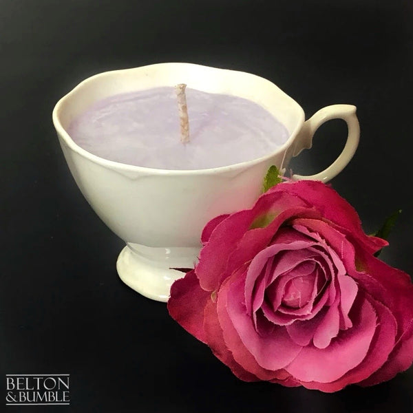 Soy Wax Petite Teacup with Black Cherry Scent - Handmade soy wax candle with a soft lilac hue in a vintage teacup, scented with black cherry and styled with a pink rose.