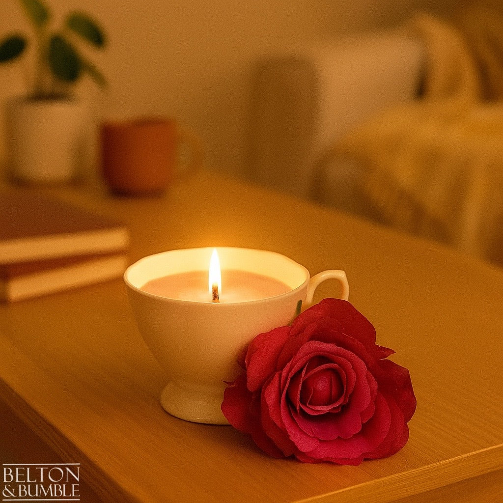 Soy Wax Petite Teacup with Black Cherry Scent - Glowing soy wax candle in a vintage teacup, scented with black cherry and styled with a pink rose on a cosy wooden table.