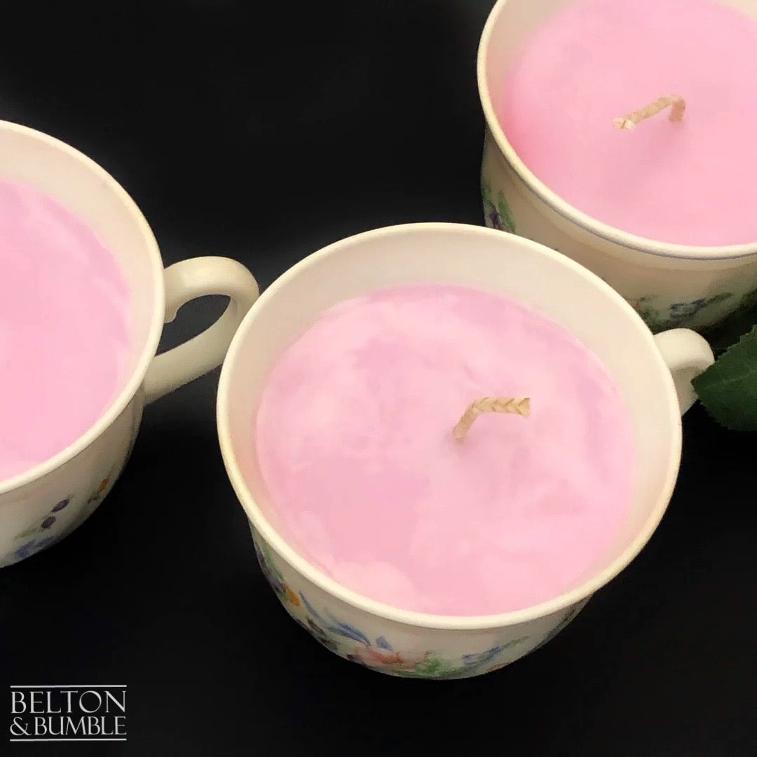 Soy Wax Vintage Teacup Candle with Orchid Scent  - Detailed view of a hand-poured orchid-scented soy wax candle in a delicate floral teacup.