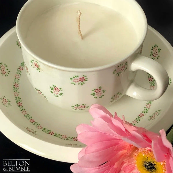 Soy Wax Vintage Teacup and Saucer Candle with Vanilla Scent - Hand-poured vanilla-scented soy wax candle in a vintage teacup and saucer with a pink flower accent.
