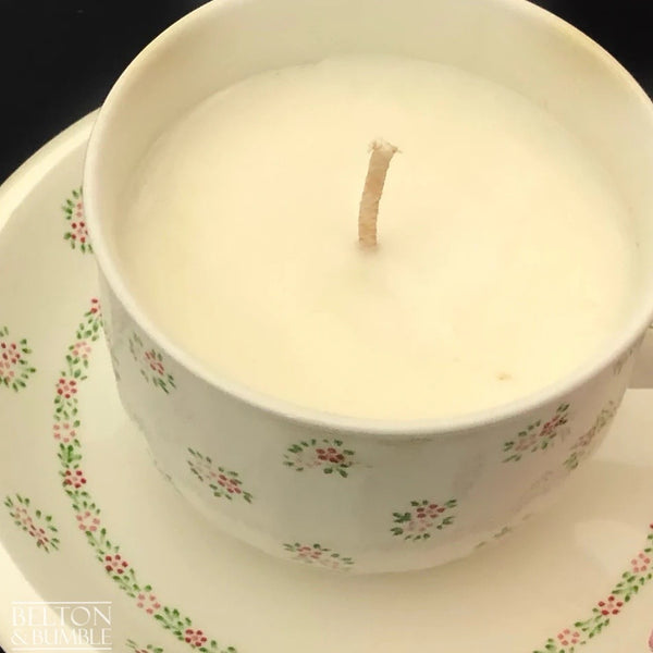 Soy Wax Vintage Teacup and Saucer Candle with Vanilla Scent - Close-up detail of hand-poured vanilla soy wax in a delicate floral teacup with natural cotton wick.