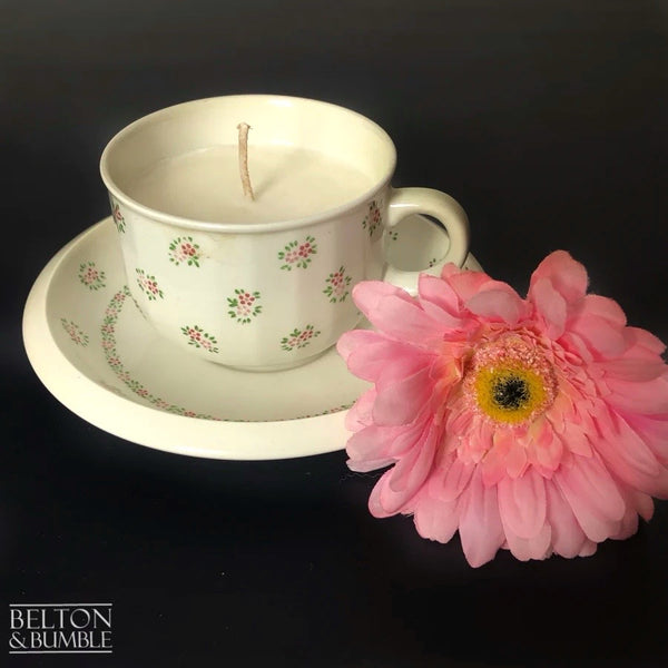 Soy Wax Vintage Teacup and Saucer Candle with Vanilla Scent - Elegant vintage teacup and saucer candle filled with vanilla-scented soy wax, showing floral pattern details.