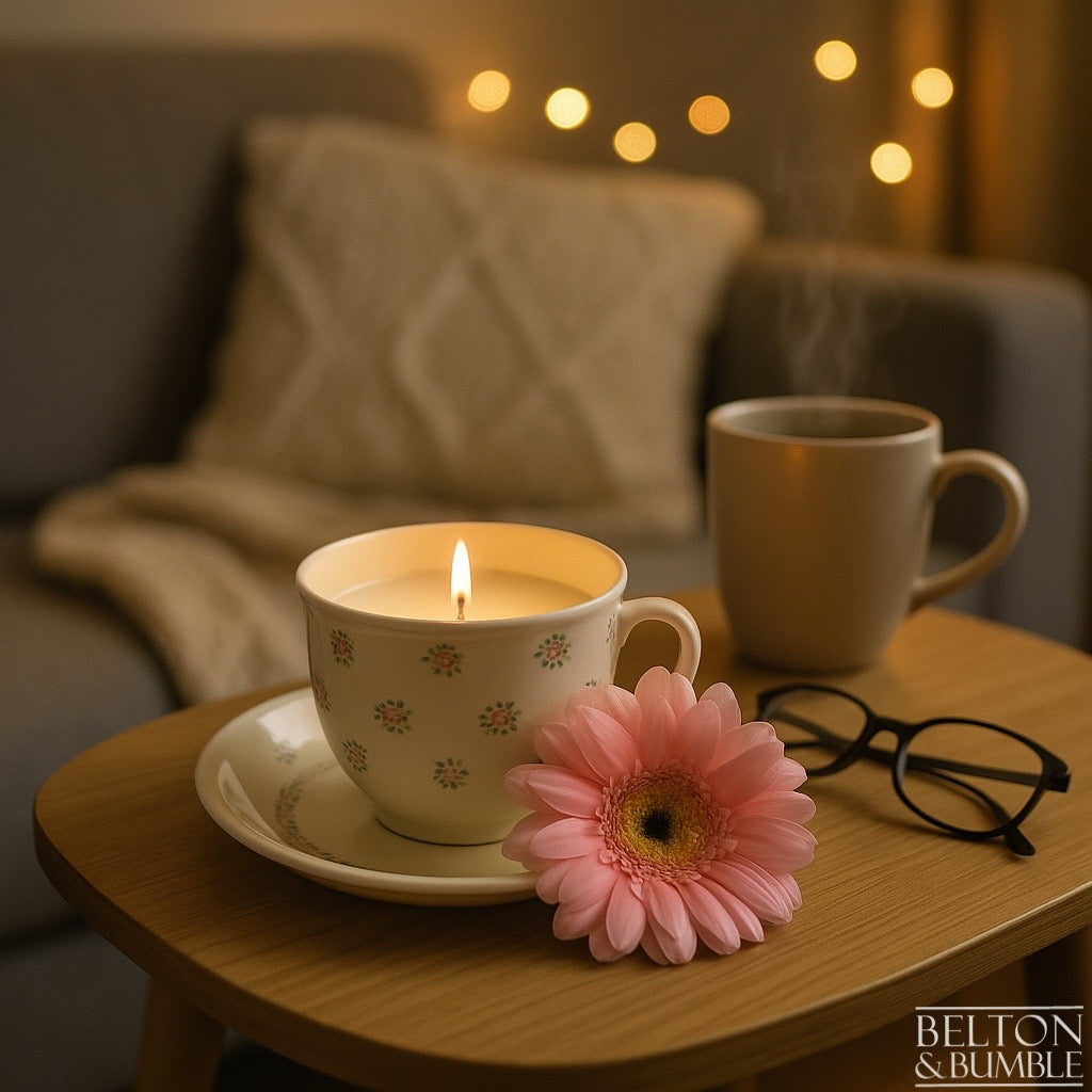 Soy Wax Vintage Teacup and Saucer Candle with Vanilla Scent - Glowing vanilla-scented soy candle in a vintage teacup and saucer, styled with a pink flower in a cosy living room setting.