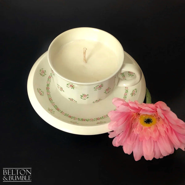 Soy Wax Vintage Teacup and Saucer Candle with Vanilla Scent - Overhead view of a creamy white vanilla-scented soy wax candle in a floral teacup and saucer set.