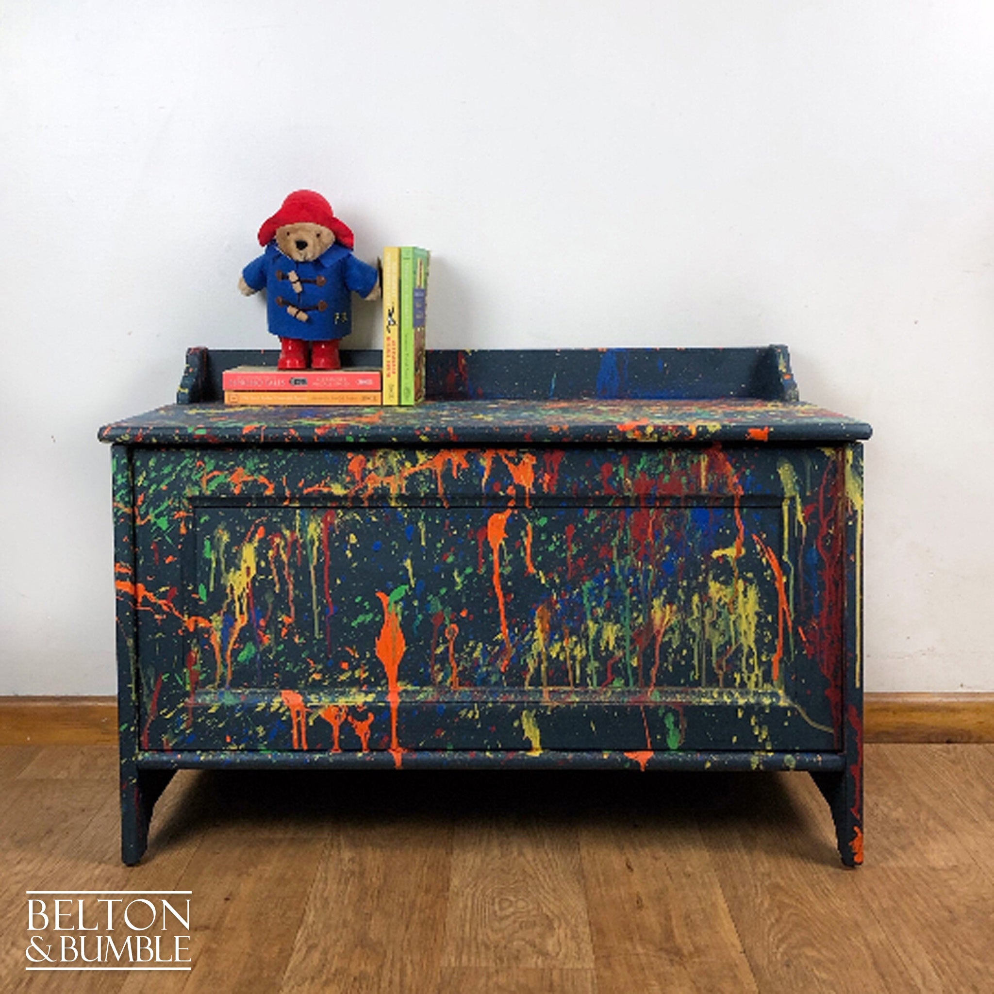 Toy Storage Box in Blue with Multi Coloured Details-Belton & Bumble