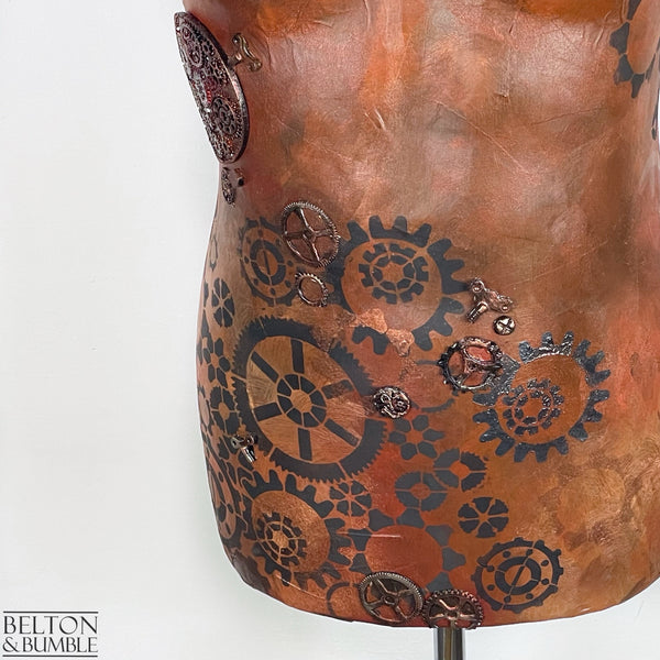 Steampunk Mannequin Lamp with Black Wooden Stand – Close up detail on base of torso