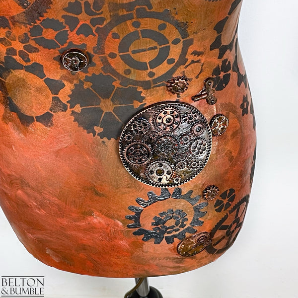 Steampunk Mannequin Lamp with Black Wooden Stand – Close Up of Cogs and textured paintwork 