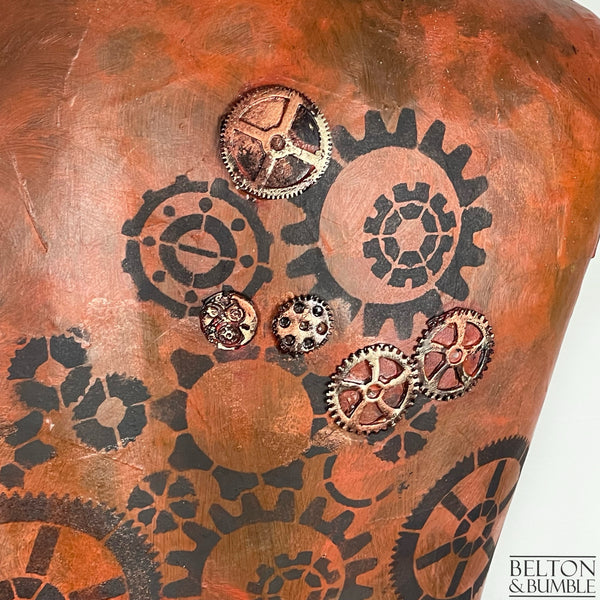 Steampunk Mannequin Lamp with Black Wooden Stand – Close Up of Cogs and paintwork