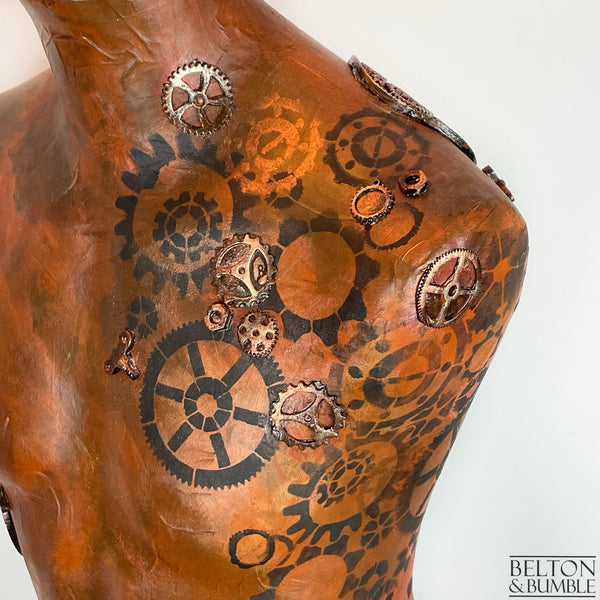 Steampunk Mannequin Lamp with Black Wooden Stand – Close Up Detail of Cogs
