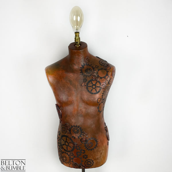 Steampunk Mannequin Lamp with Black Wooden Stand – Full front profile