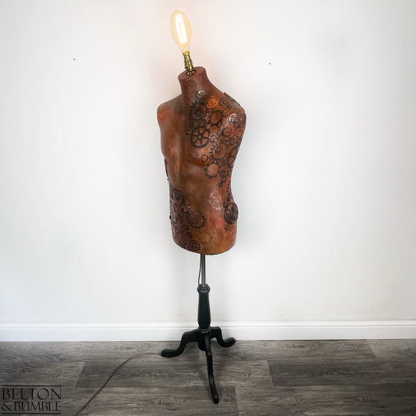 Steampunk Mannequin Floor Lamp with Black Wooden Stand - Full Side Profile