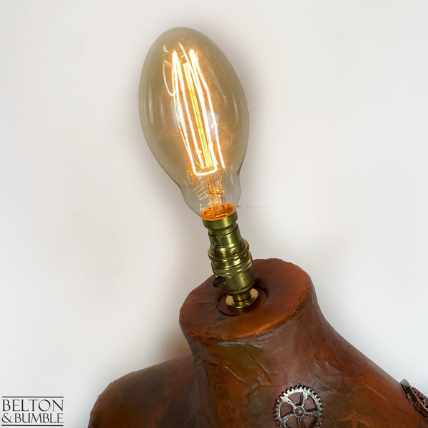 Steampunk Mannequin Floor Lamp with Black Wooden Stand - Top View and Bulb