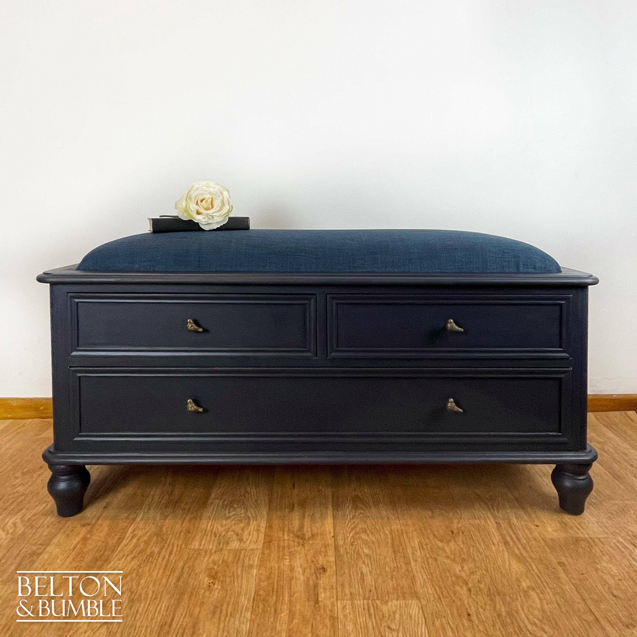 Vintage Pine Storage Drawers Ottoman in Navy Blue-Belton & Bumble