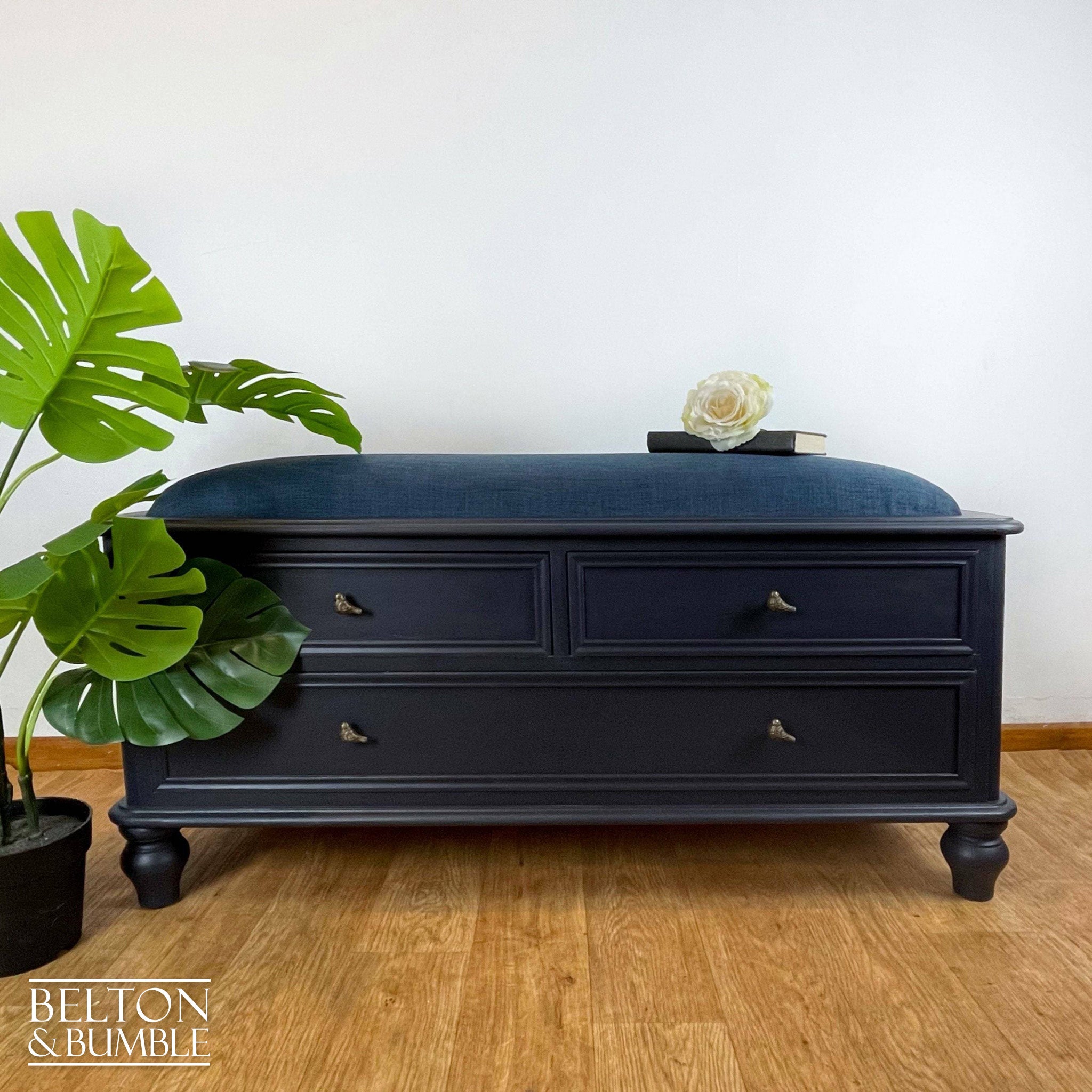 Vintage Pine Storage Drawers Ottoman in Navy Blue-Belton & Bumble