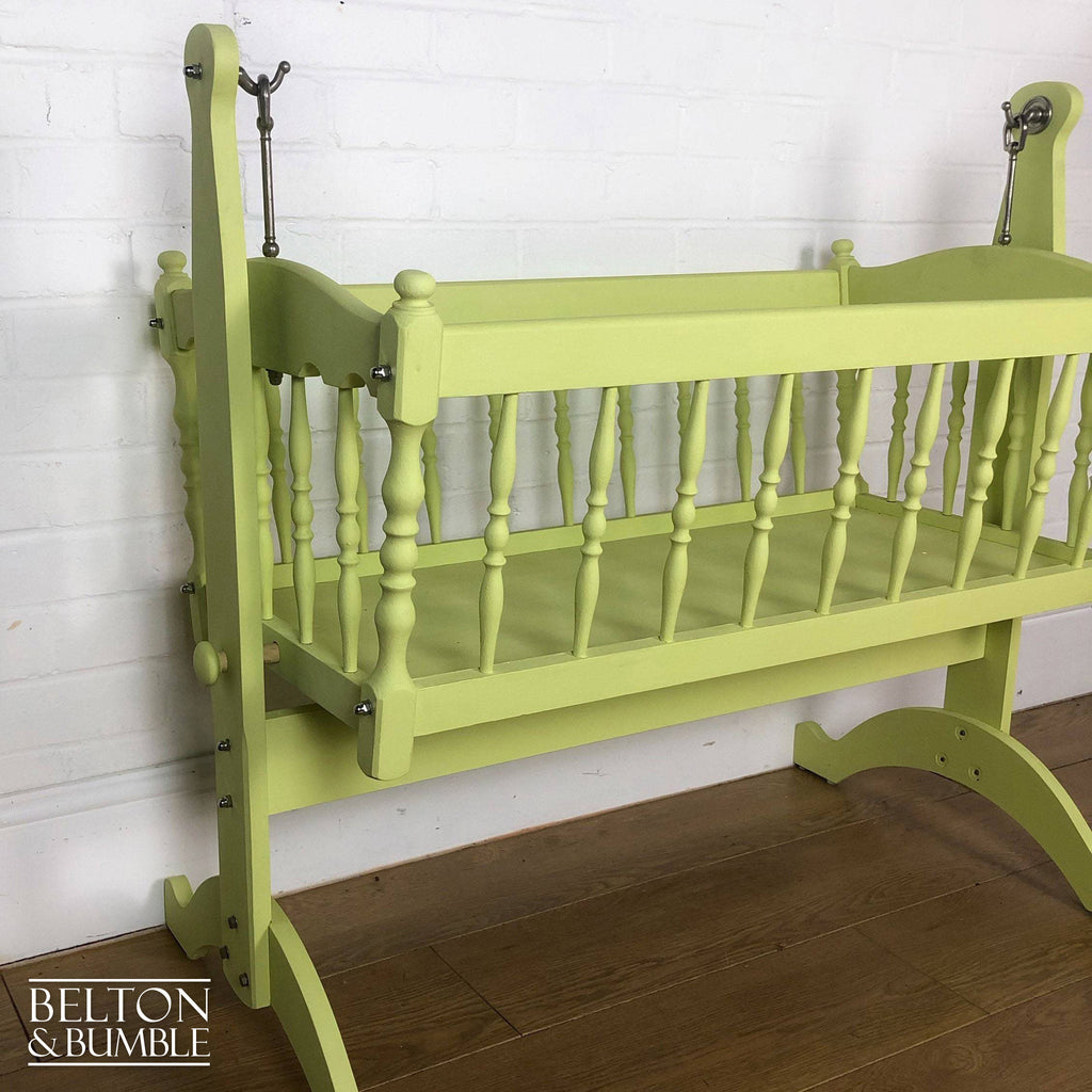 Swinging Crib in Citron Yellow for Dolls Teddies – angled view showing proportions and stance