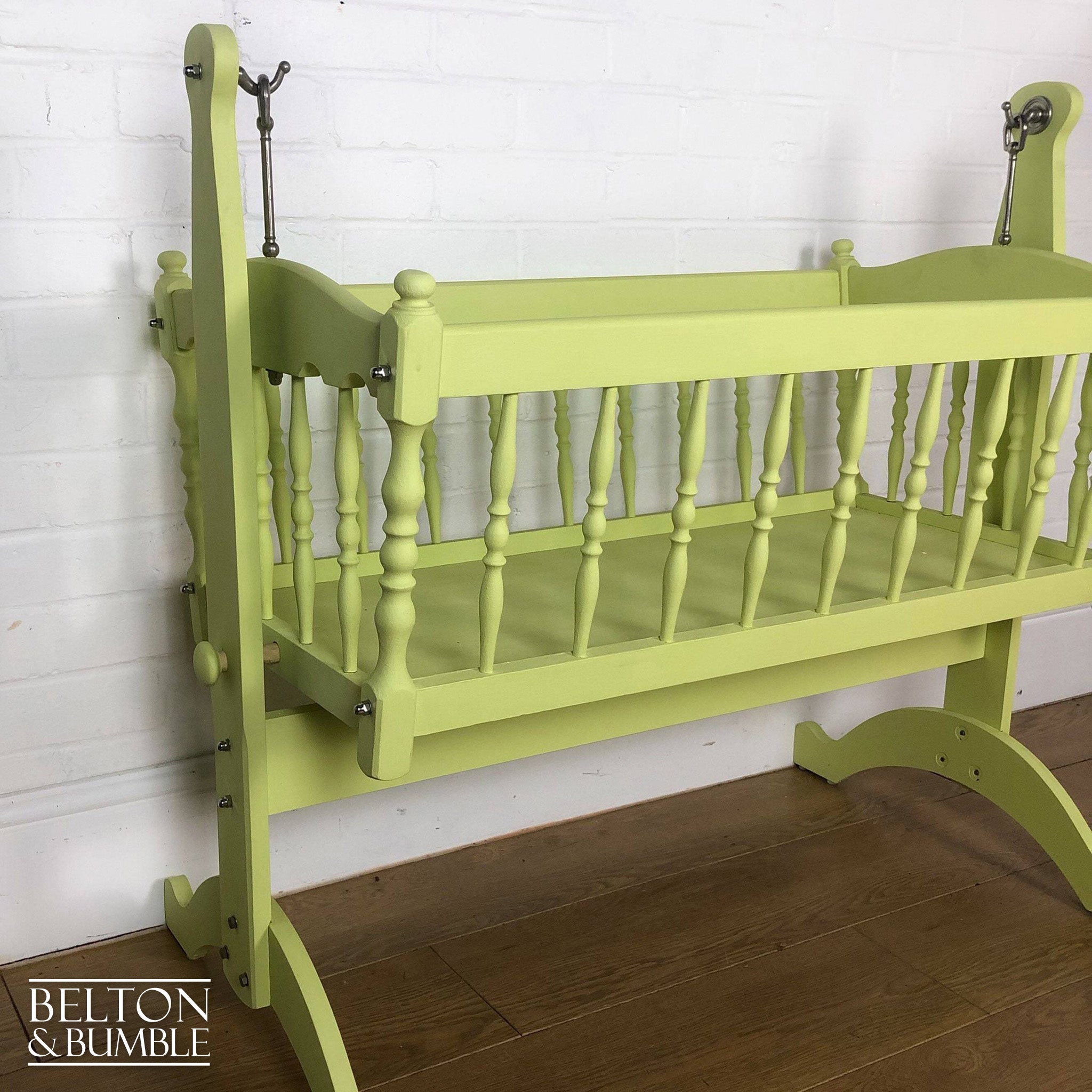Swinging Crib in Citron Yellow for Dolls Teddies – angled view showing proportions and stance