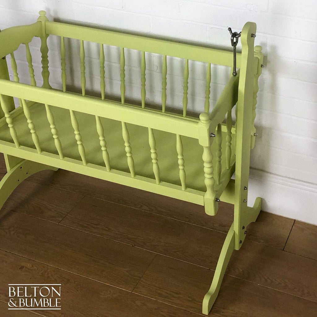 Swinging Crib in Citron Yellow for Dolls Teddies – angled view showing proportions
