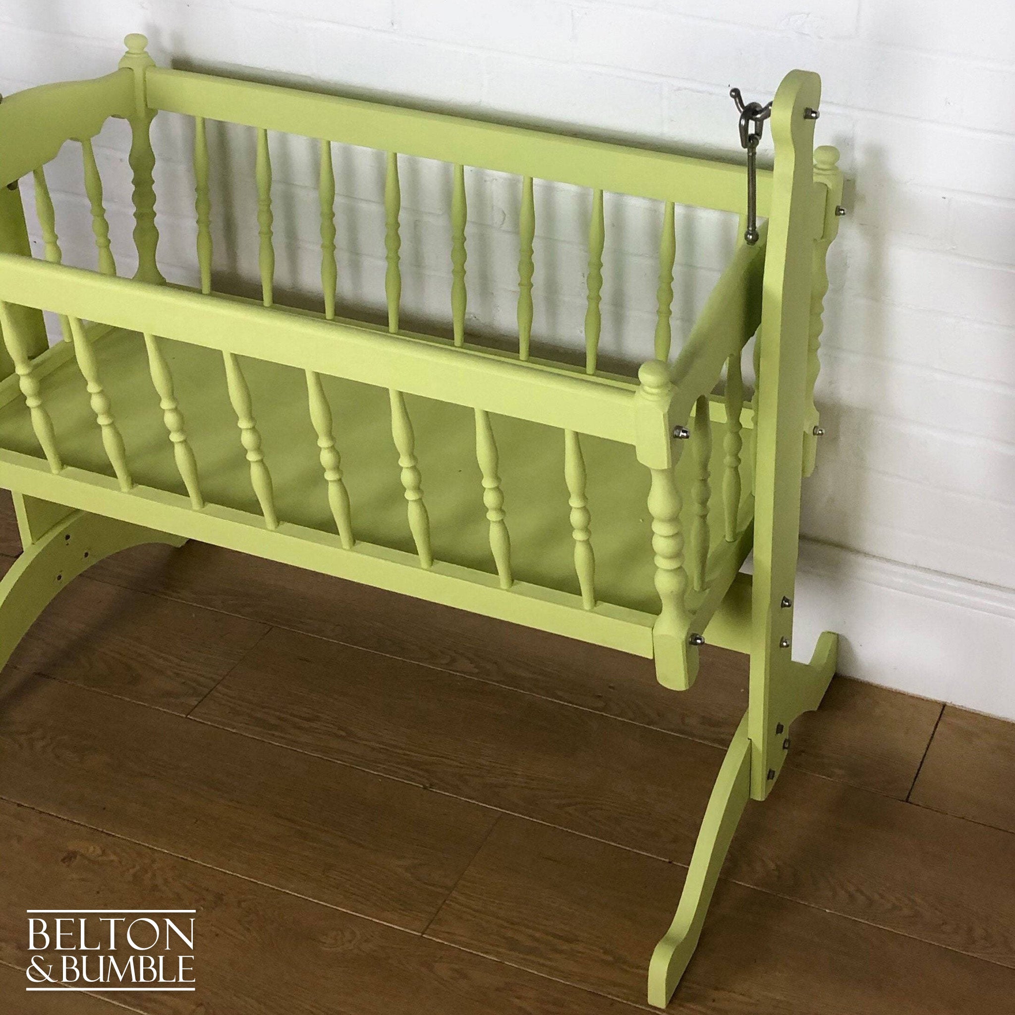 Swinging Crib in Citron Yellow for Dolls Teddies – angled view showing proportions