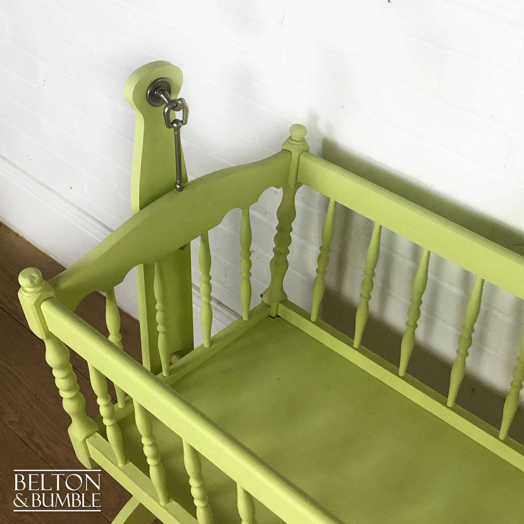 Swinging Crib in Citron Yellow for Dolls Teddies – Close-up of wood with citron yellow finish