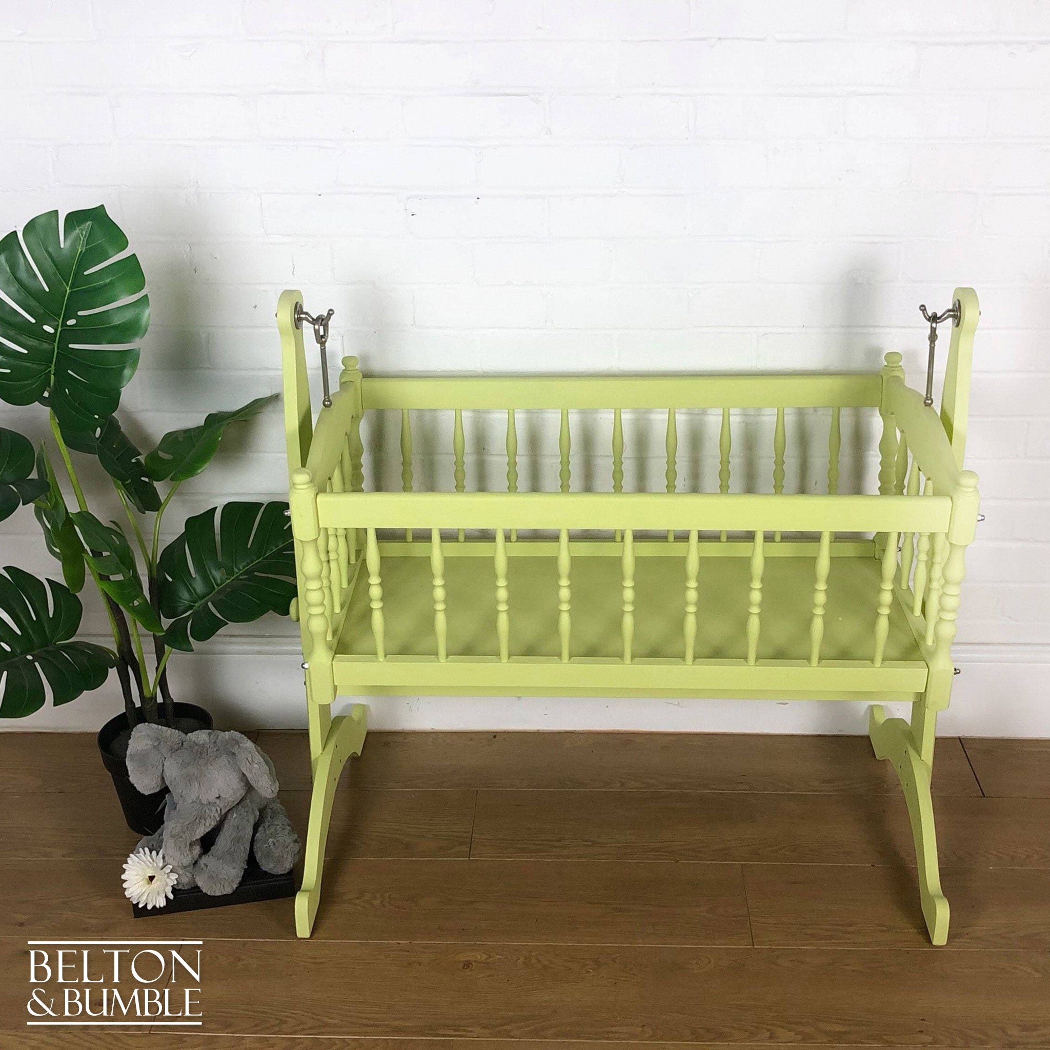 Swinging Crib in Citron Yellow for Dolls Teddies – front view showing overall layout