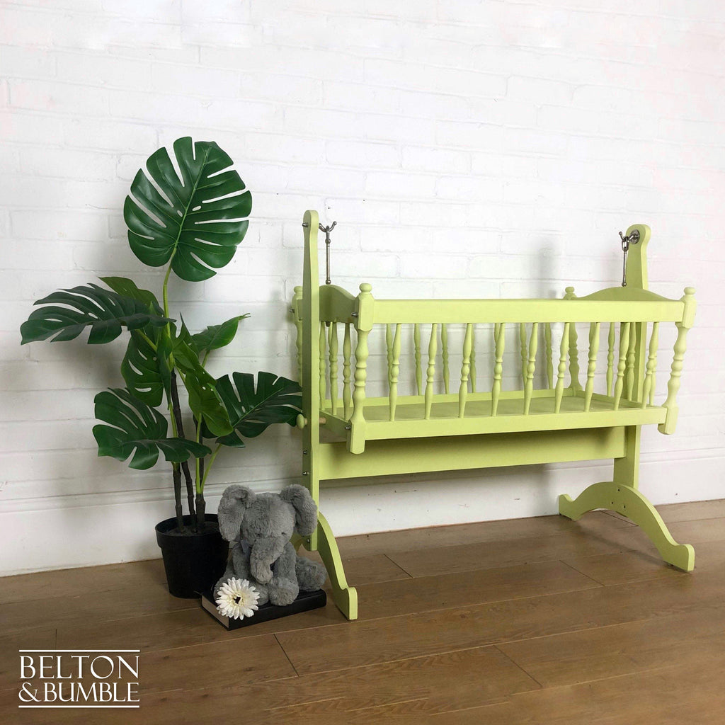 Swinging Crib in Citron Yellow for Dolls Teddies – Styled product shot with complementary decor to suggest scale