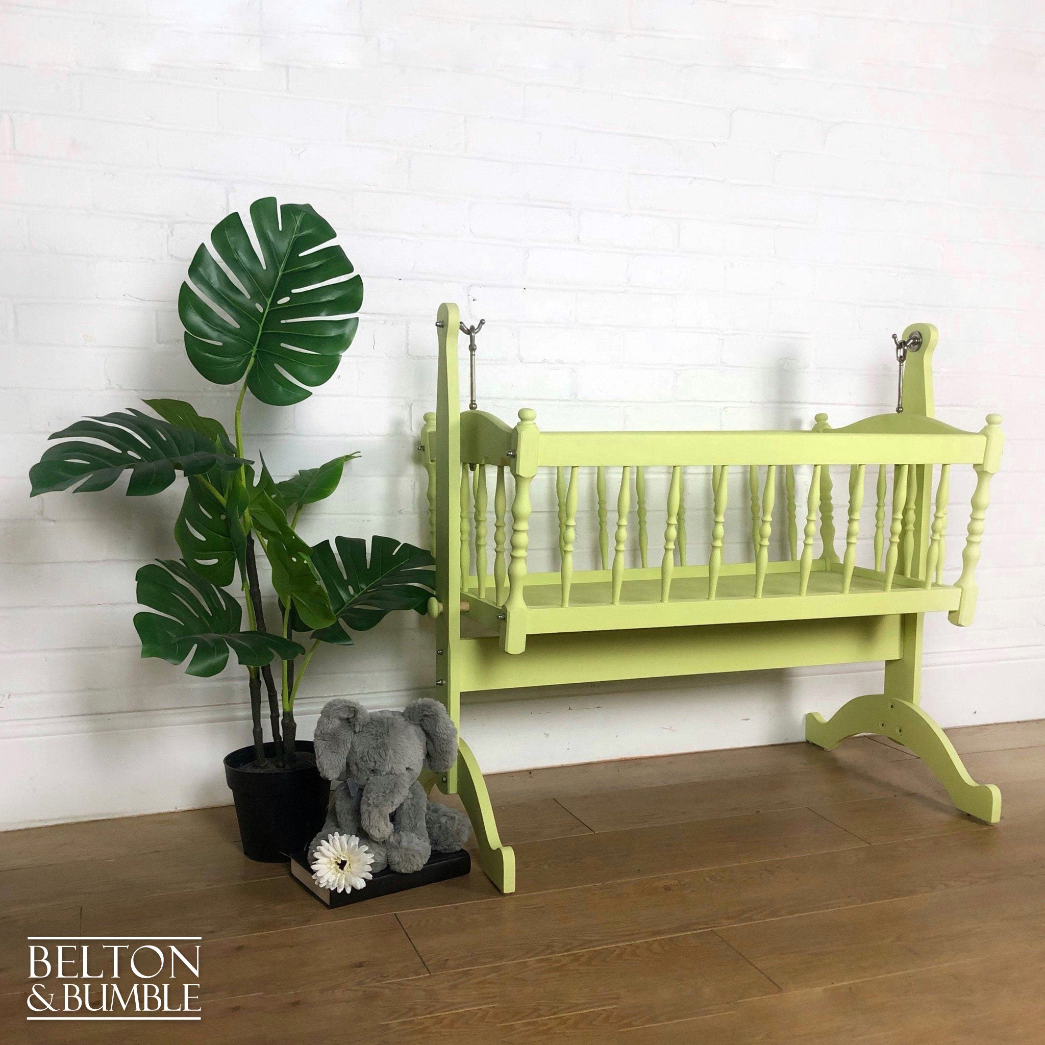 Swinging Crib in Citron Yellow for Dolls Teddies – Styled product shot with complementary decor to suggest scale