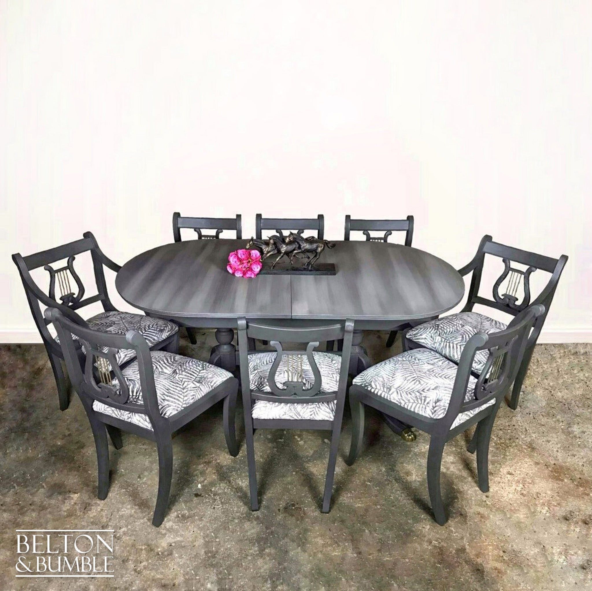 Large Dark Grey Oval Extending Dining Table and Eight Chair Set-Belton & Bumble