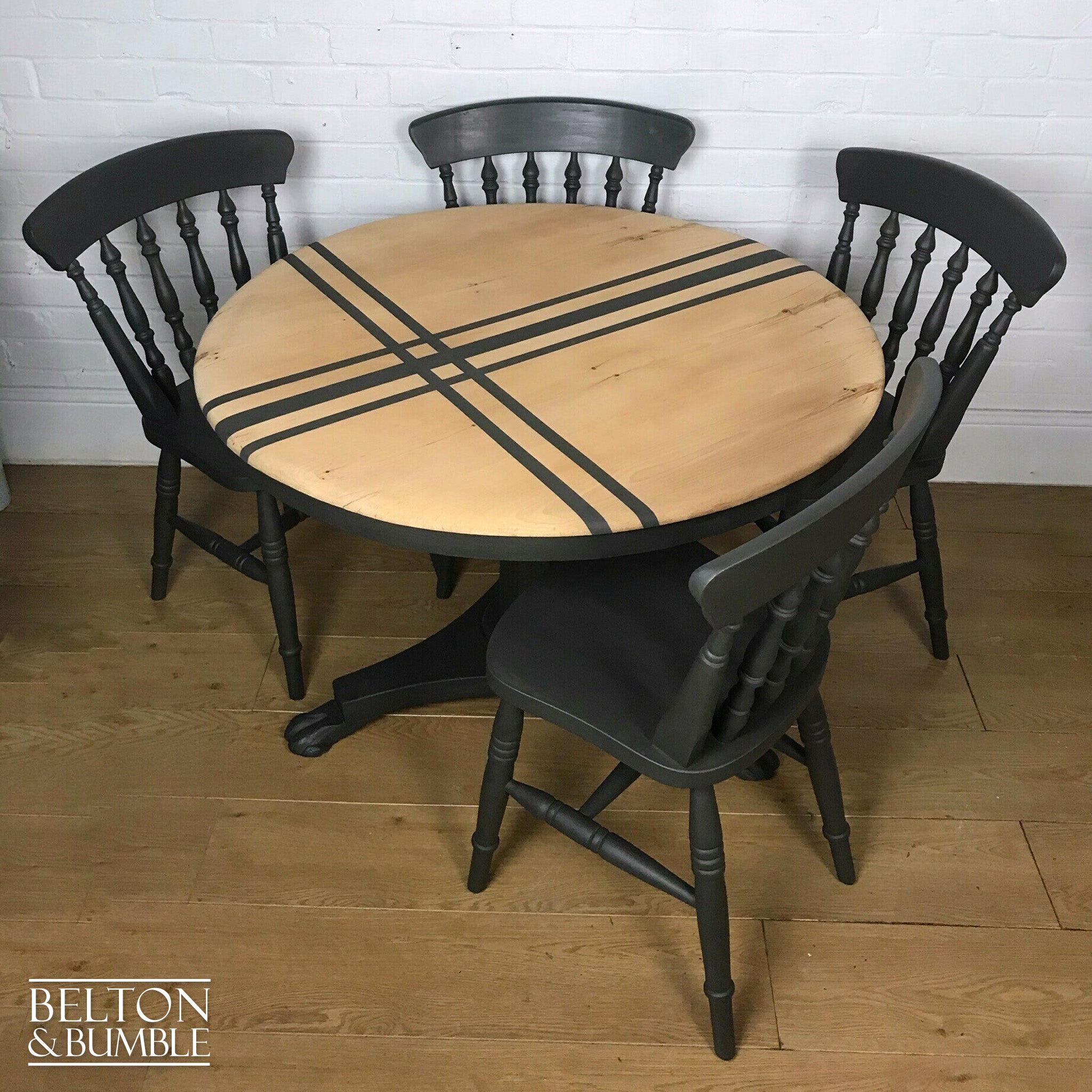 Circular Pedestal Dining Table Set with Four Farmhouse Chairs in Dark Grey-Belton & Bumble