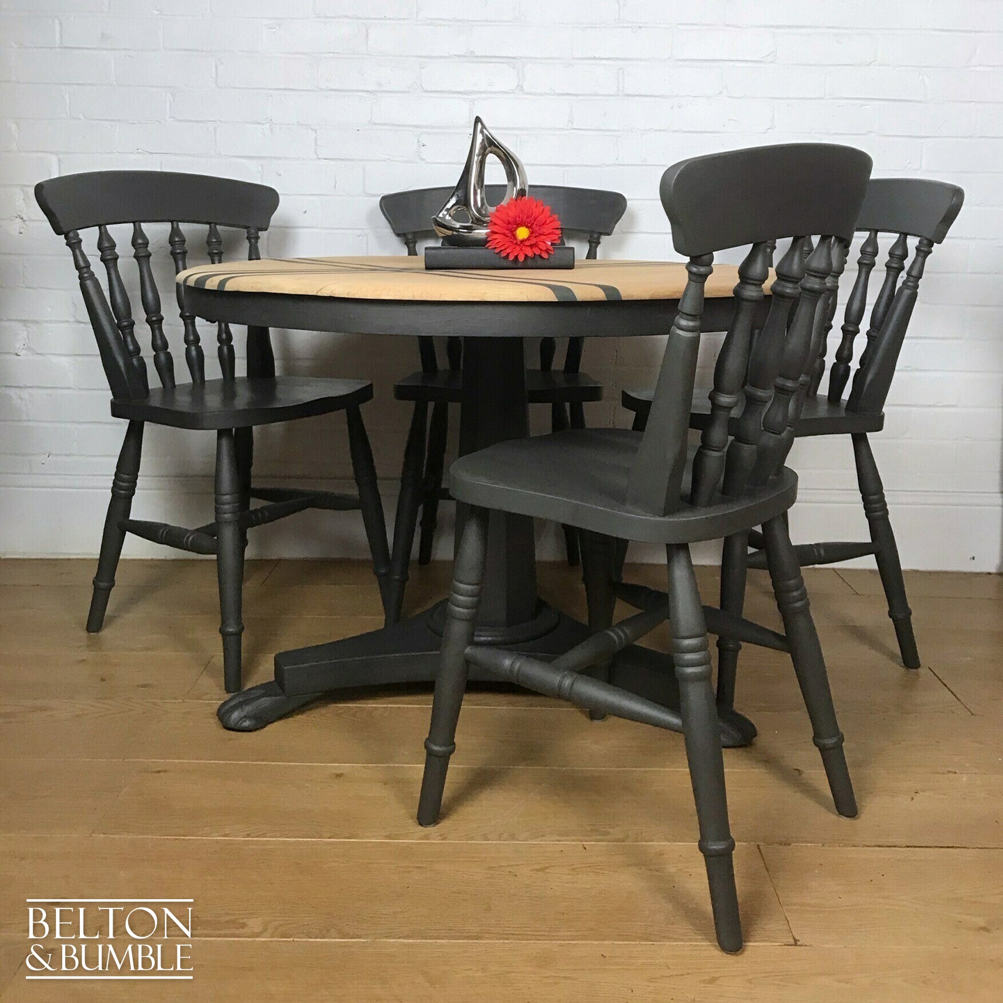 Circular Pedestal Dining Table Set with Four Farmhouse Chairs in Dark Grey-Belton & Bumble