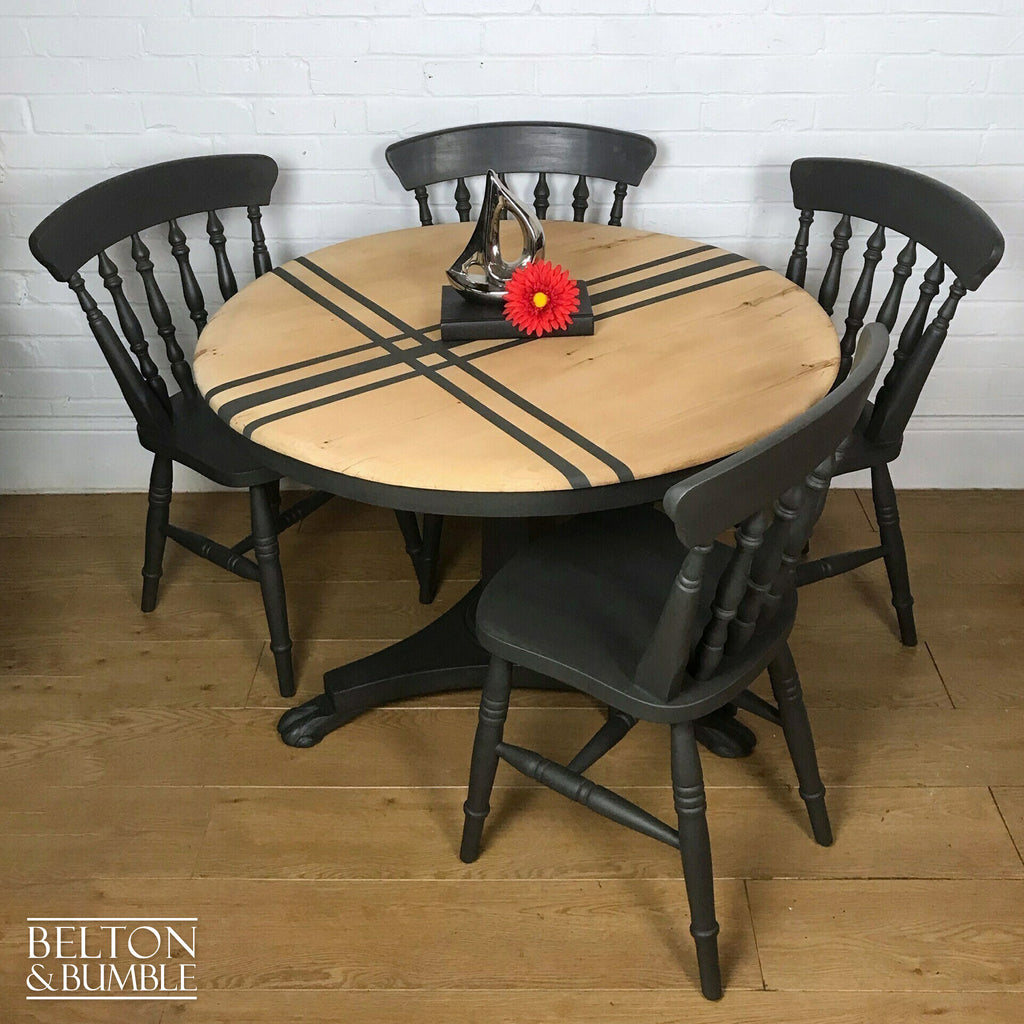 Circular Pedestal Dining Table Set with Four Farmhouse Chairs in Dark Grey-Belton & Bumble
