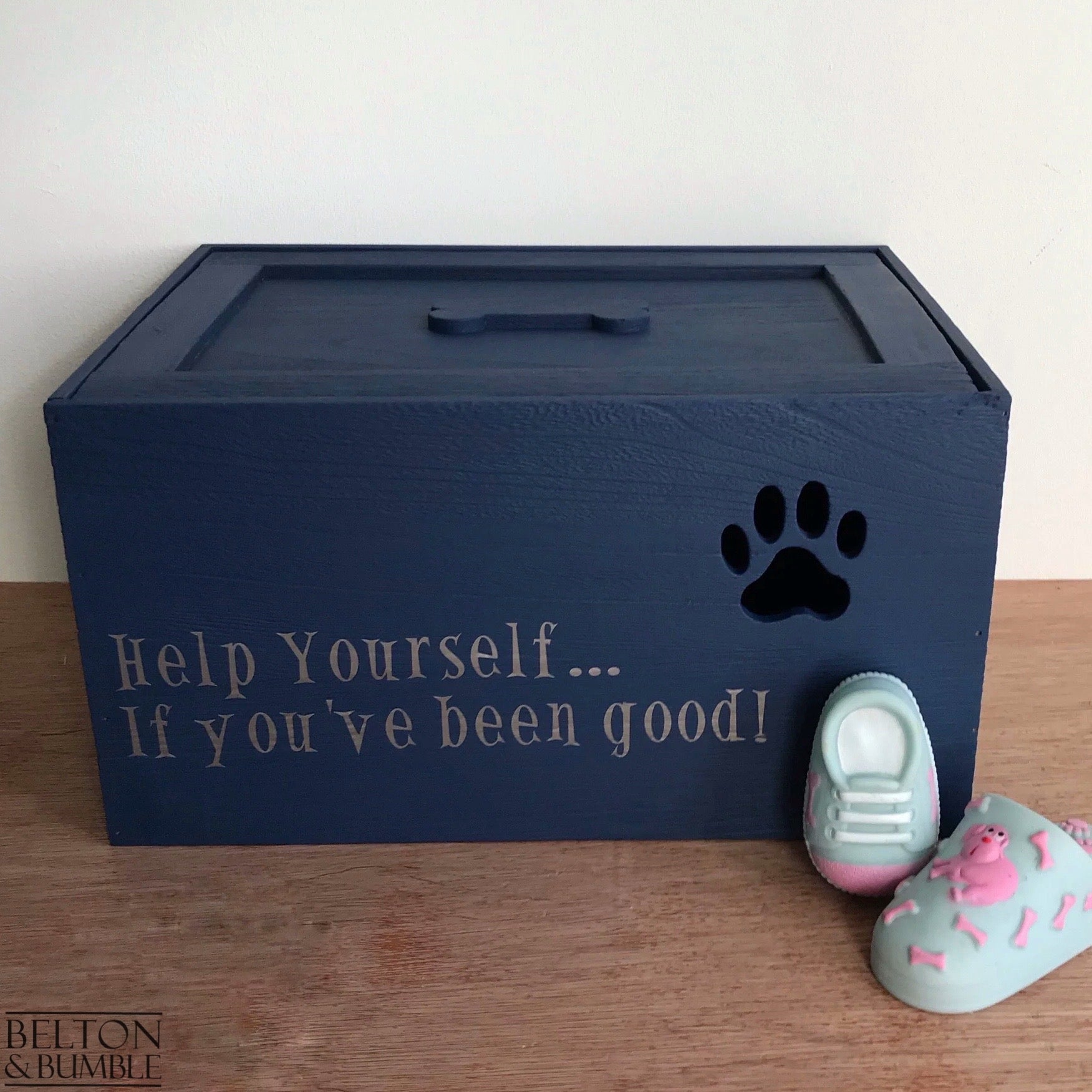 Personalised Stained Wooden Dog Toy Boxes with Lid-Belton & Bumble