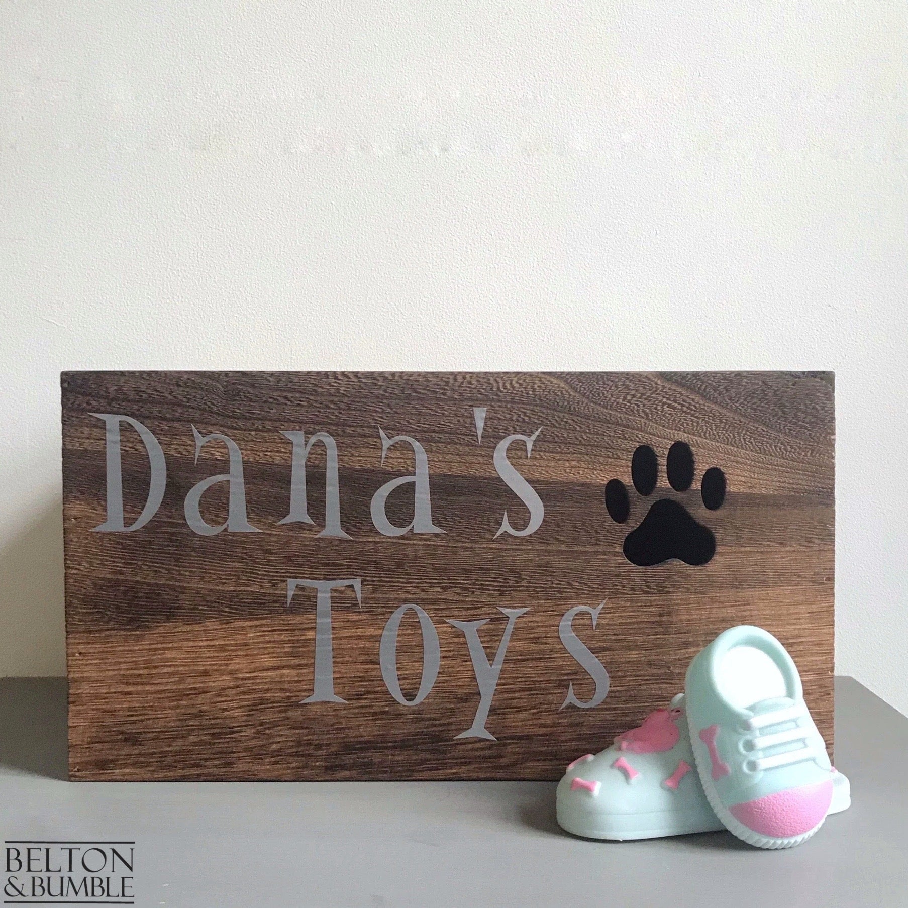 Personalised Stained Wooden Dog Toy Boxes with Lid-Belton & Bumble