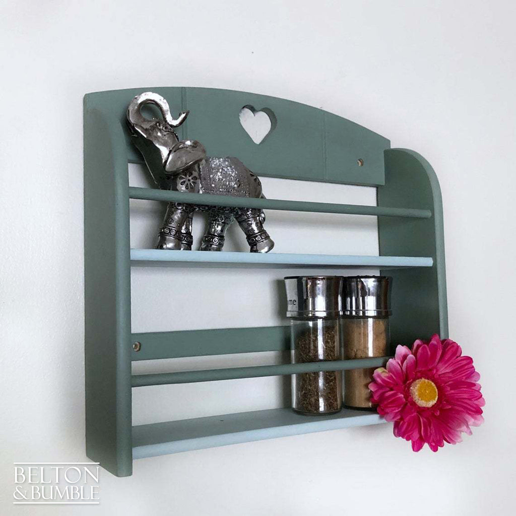 Two Tone Duck Egg Blue Spice Rack Shelving – angled view showing proportions and stance
