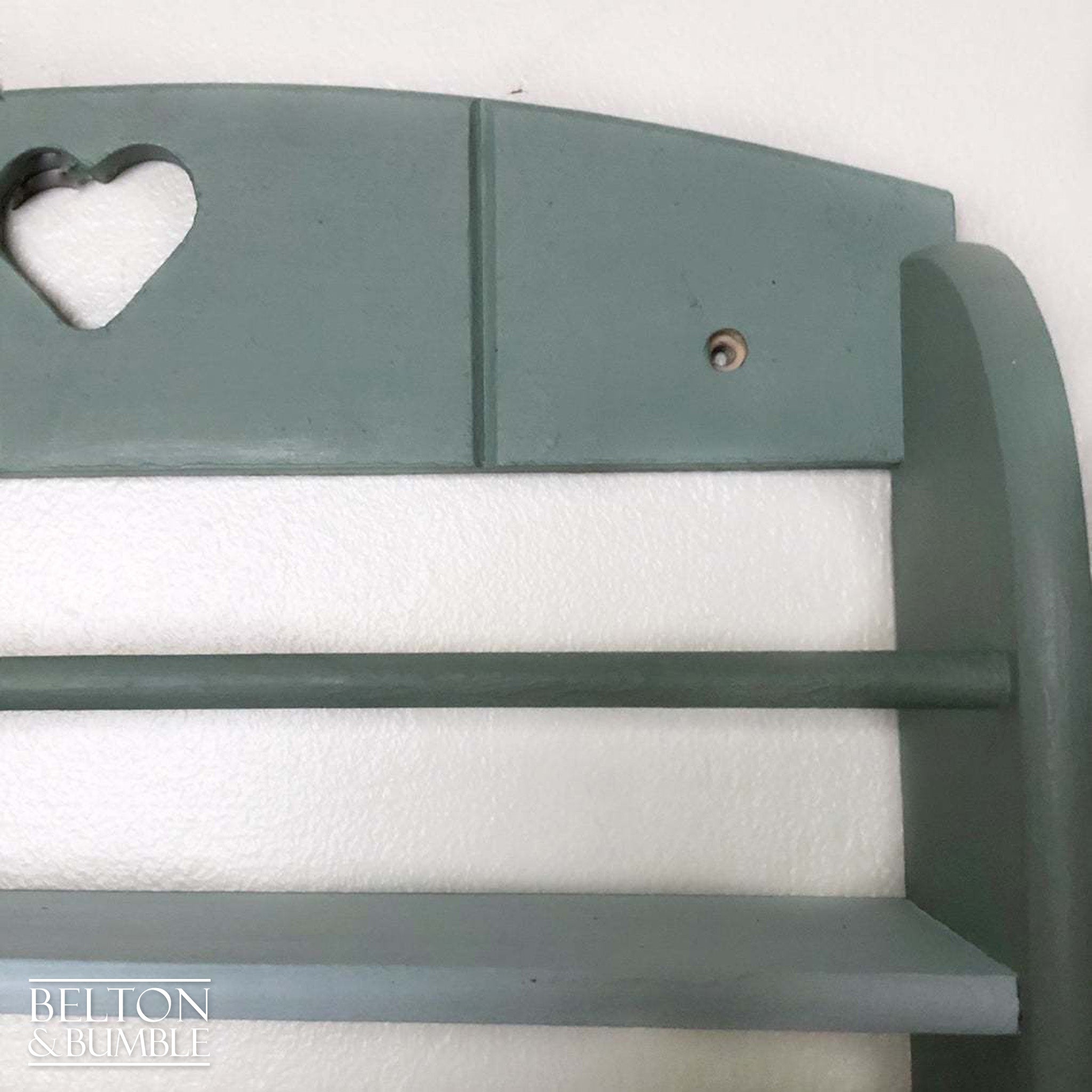 Two Tone Duck Egg Blue Spice Rack Shelving – Close-up of detail heart cut out and paint colours