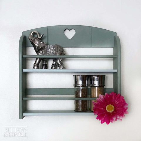 Two Tone Duck Egg Blue Spice Rack Shelving – Styled product shot with complementary decor to suggest scale